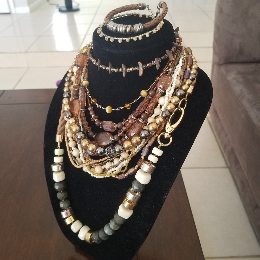 Vintage Brown and Gold Necklace Lot Statement Bundle